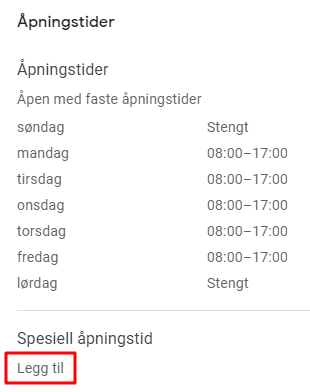 skjermbilde av spesielle åpningstider i google bedriftsoppføring