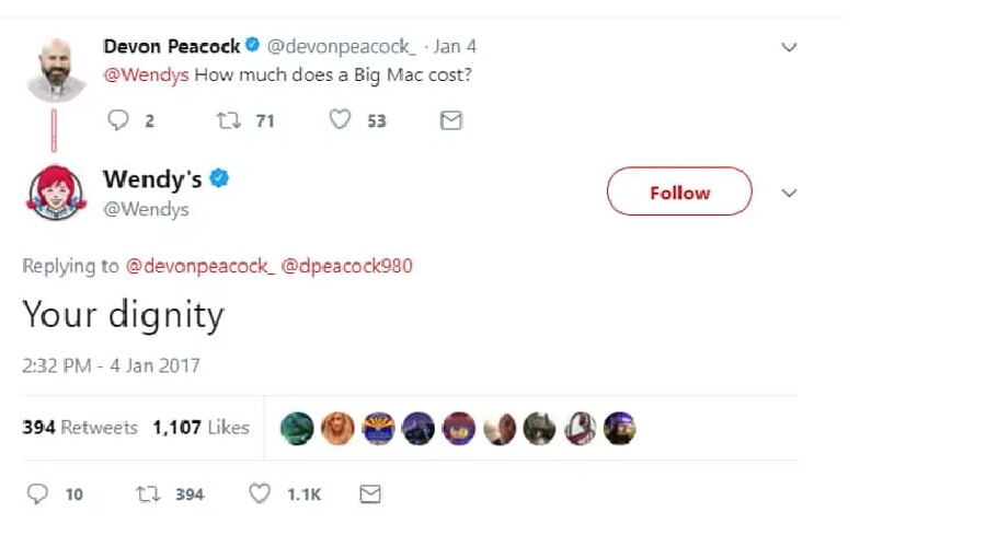 Wendy's med morsomme kommentarer på Twitter