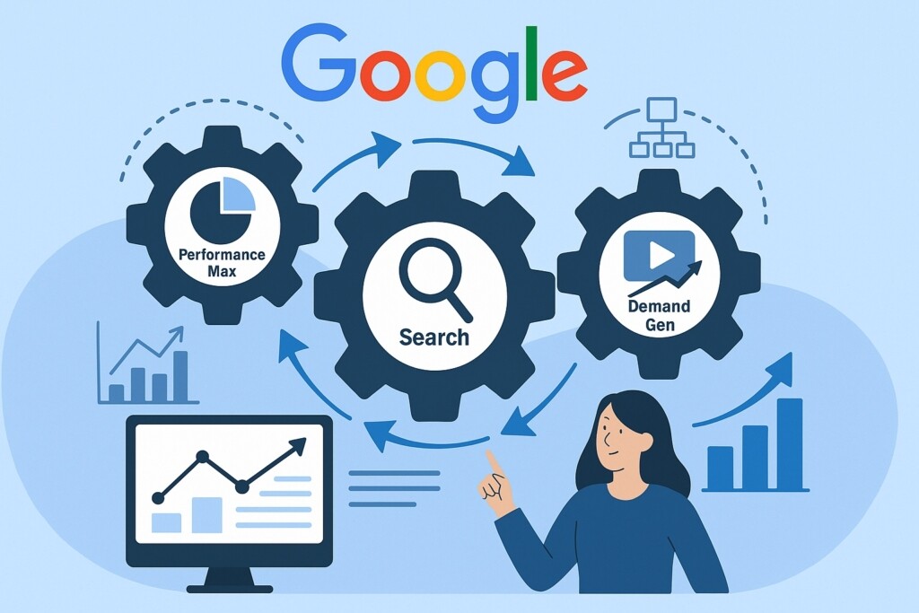 Illustrasjon av Performance Max, Search og Demand Gen som sammenkoblede tannhjul med datavisualiseringer.