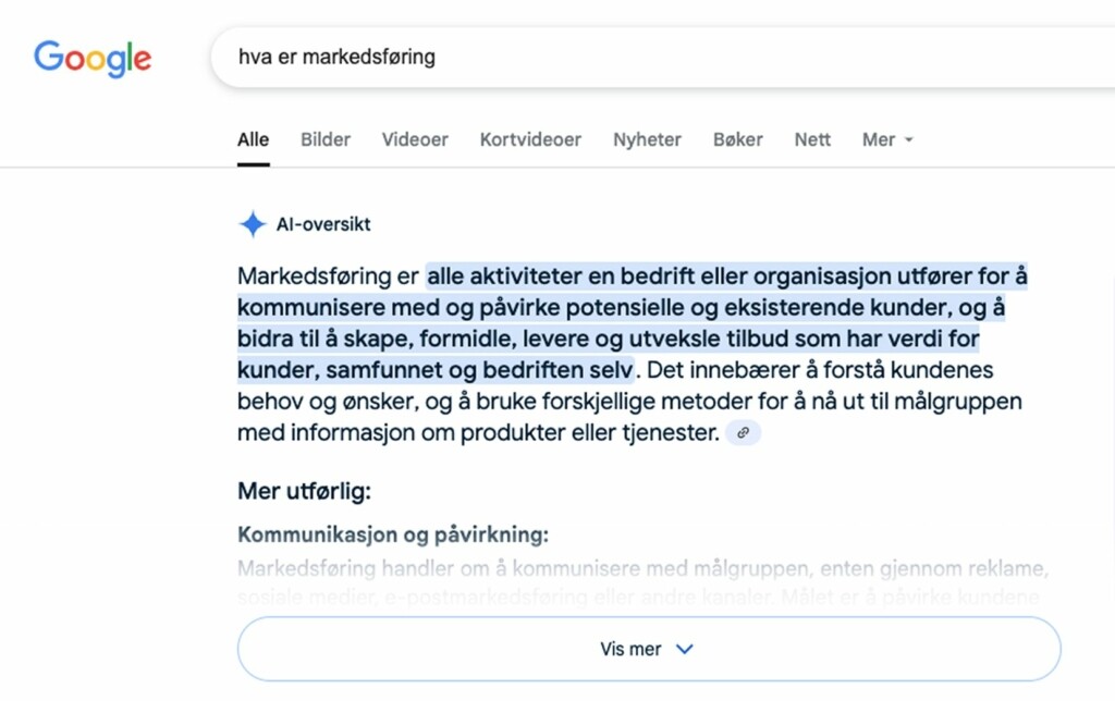 Eksempel på hvordan AI viser svar på søk i Google
