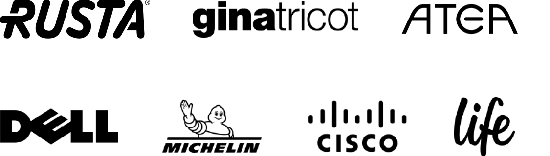 Kundelogoer i svart hvitt, Rusta, Ginatricot, Atea, Dell, Michelin, Cisco og Life.