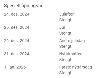 eksempel på spesielle åpningstider i bedriftsoppføringen i google