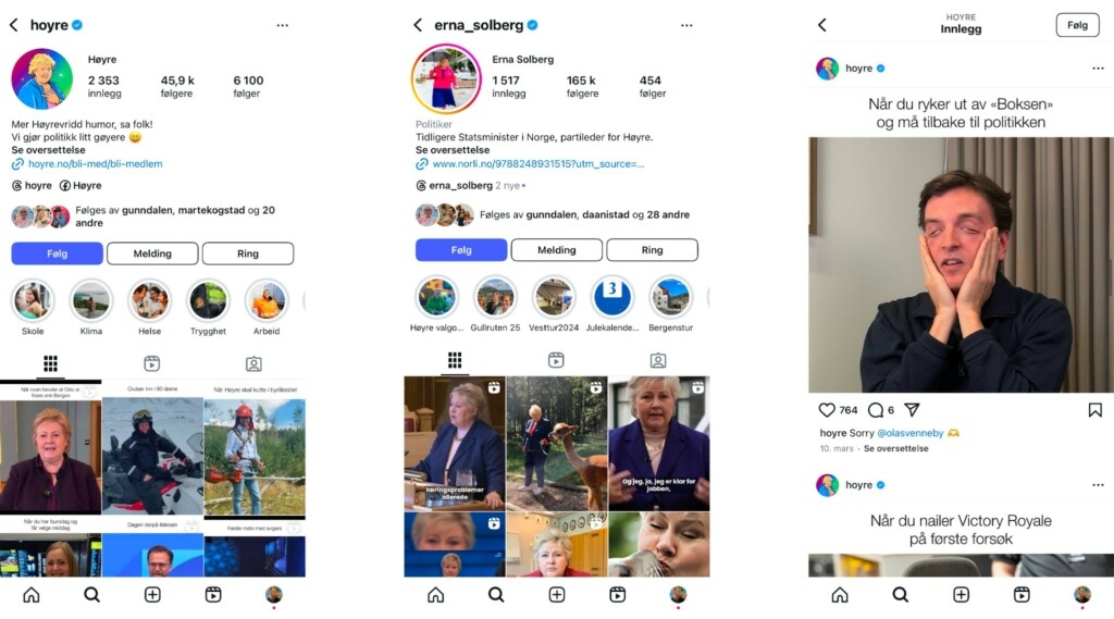 Skjermbilde av humoristiske og lettbeinte innlegg som Høyre og Erna Solberg har publisert på Instagram