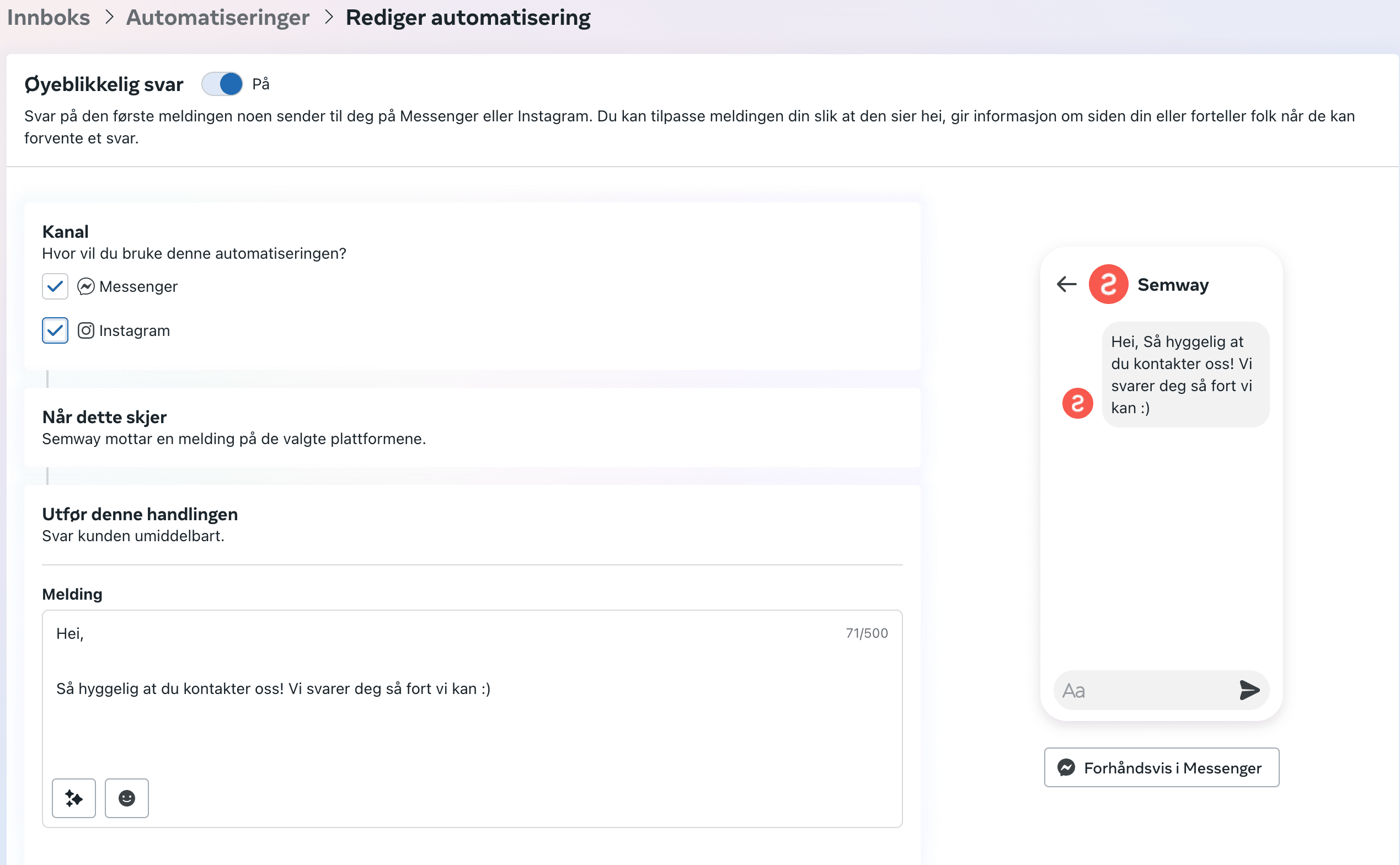 Oppsett av automatisk svar på Facebook Messenger