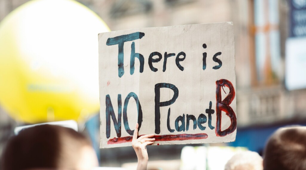 bilde av person som holder skilt med "there is no planet b"