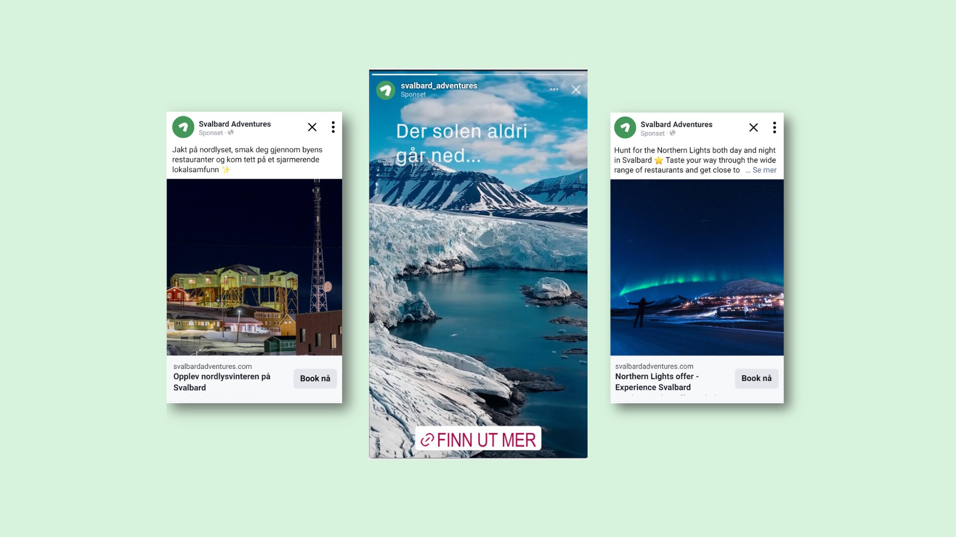 skjermbilder av tre annonser fra Facebook