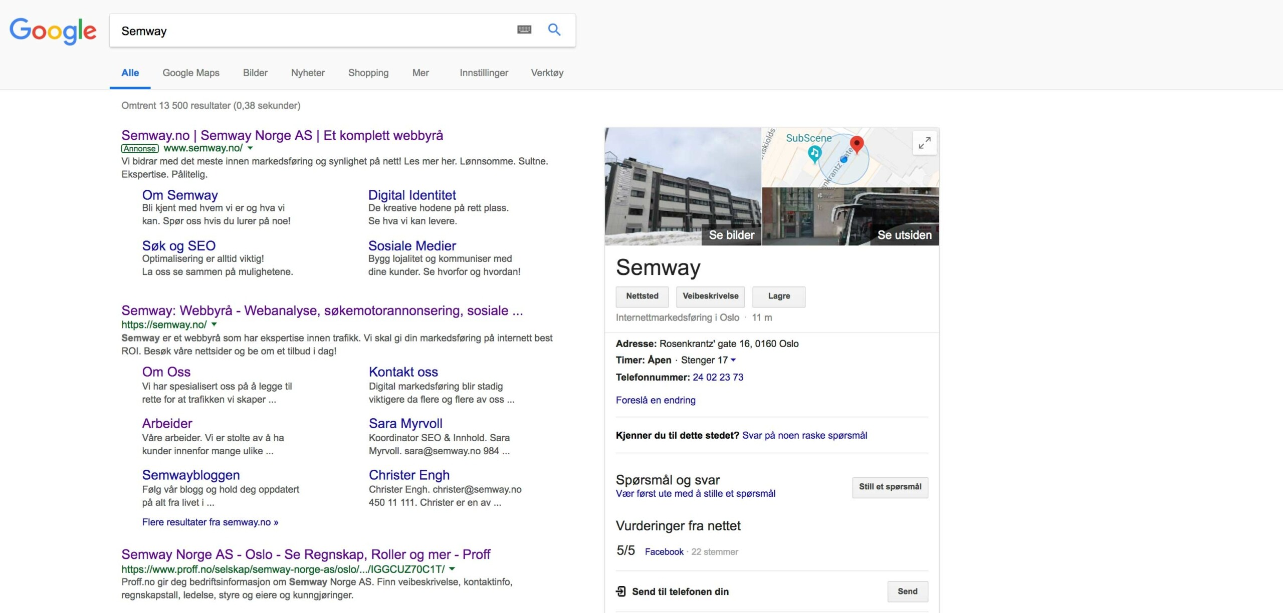 Et skjermbilde av Semway sin bedriftsprofil i et Google-søk.