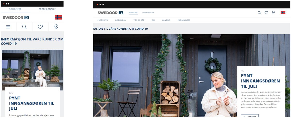 Forside av nettsiden til Swedoor på mobil og desktop