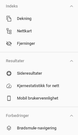 Sidemenyen i Google Search Console