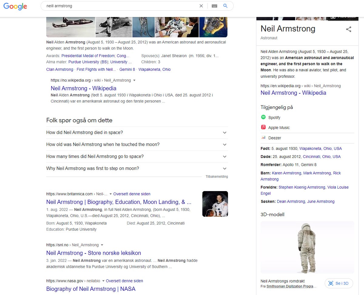 Et søkeresultat på Neil Armstrong som gjengir et AR bilde av romdrakten hans