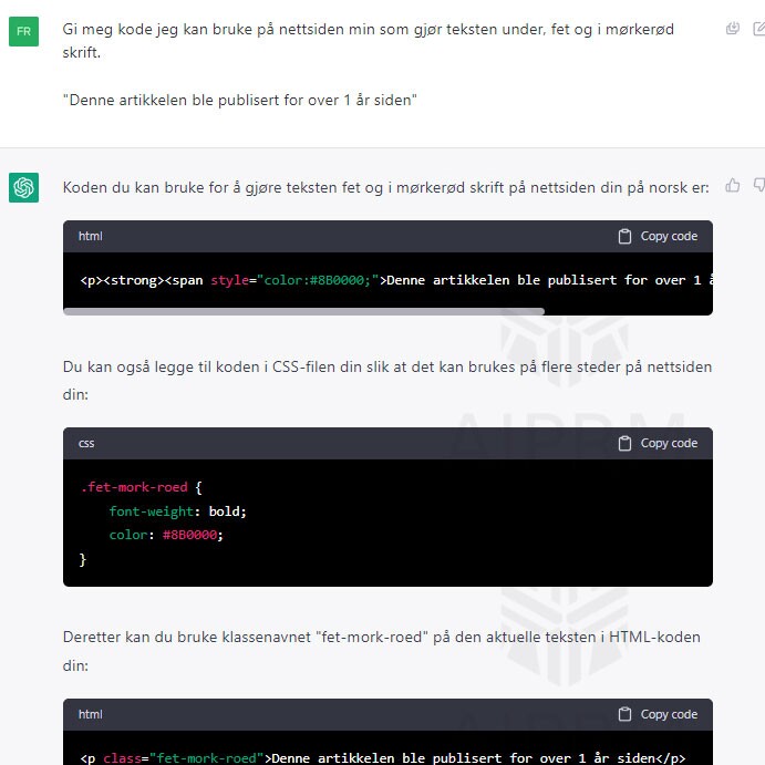 En prompt i ChatGPT om å skrive en kode som gjør en tekst fet og mørkerød.