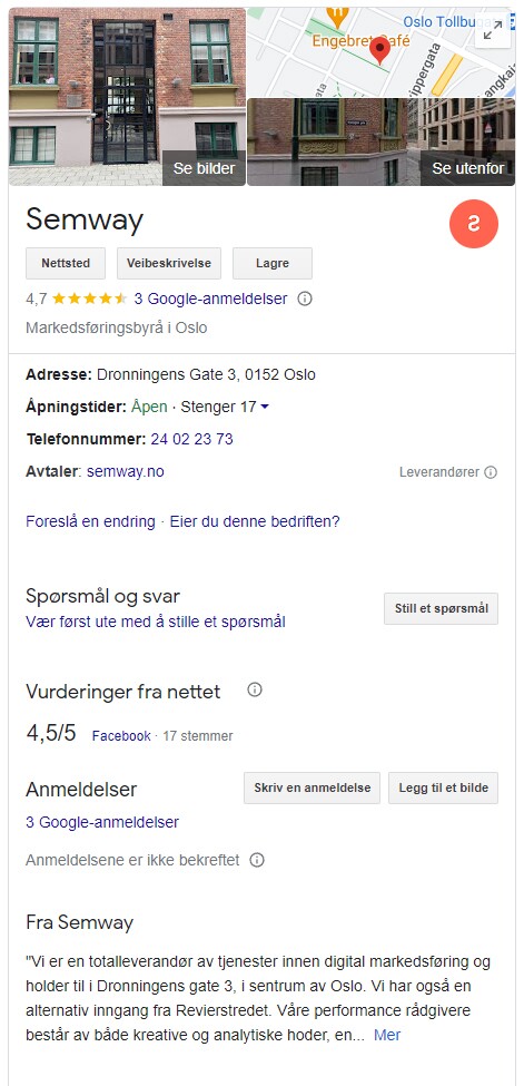 Semway bedriftsoppføring i Google