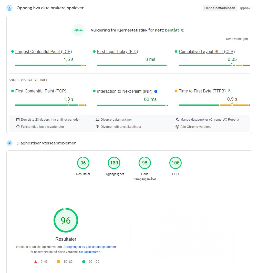 Resultater for et nettsted på PageSpeed Insights