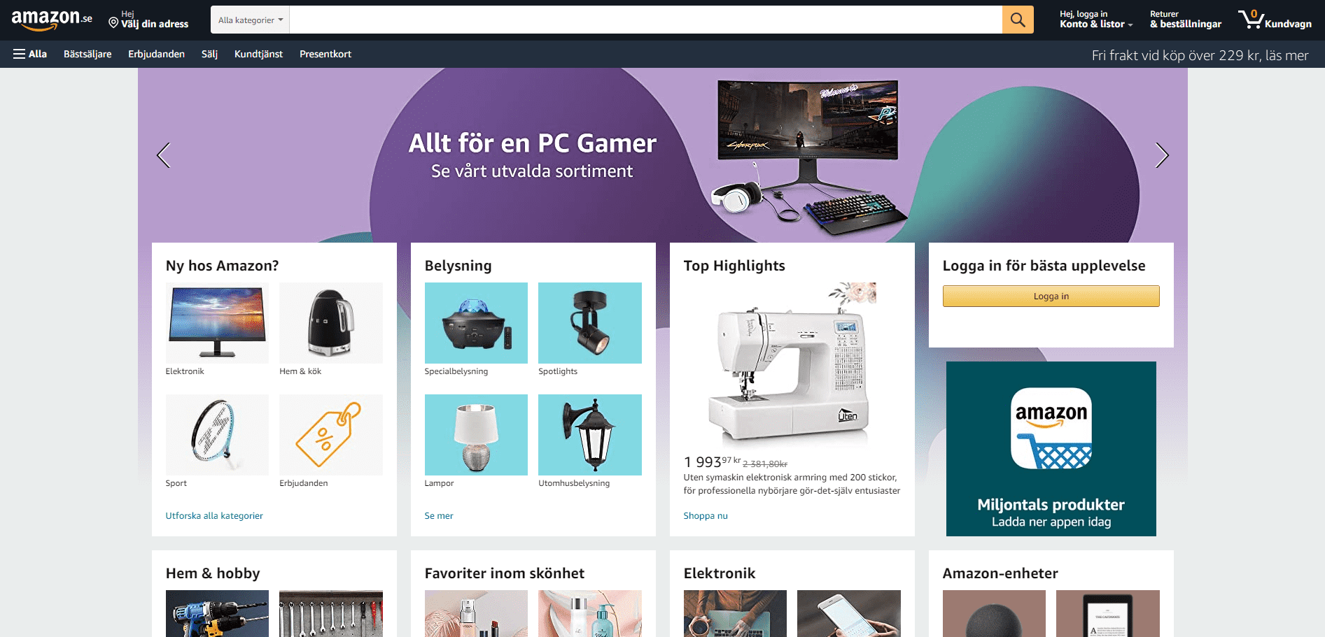 Startsiden til den svenske versjonen av amazons nettbutikk